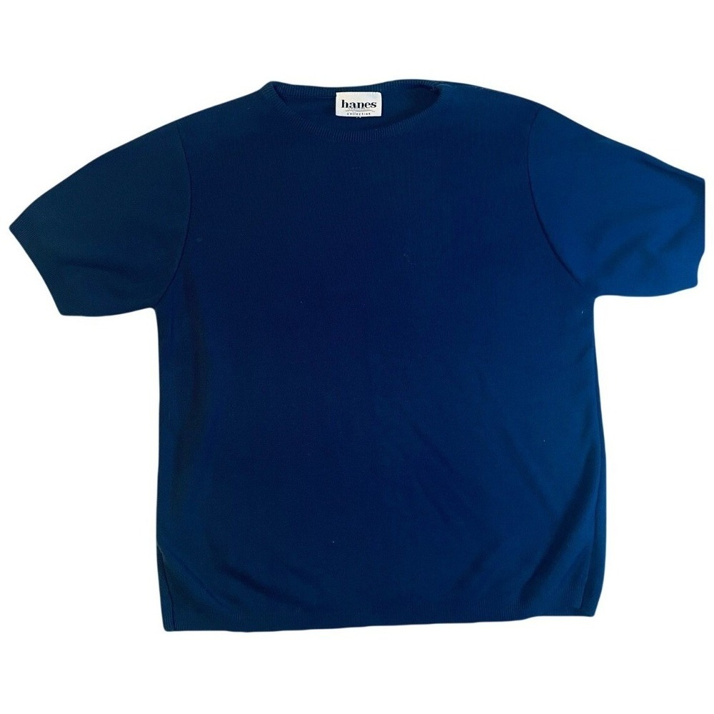Hanes Signature Collection Knit Top Mens Medium Navy Blue Short Sleeve Sweater